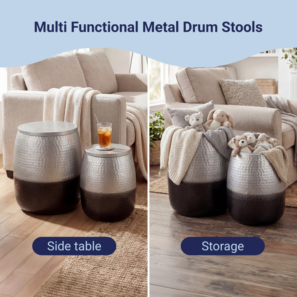 Merida Modern Rustic 2-Piece Hammered Metal Drum Storage Side Tables with Lids