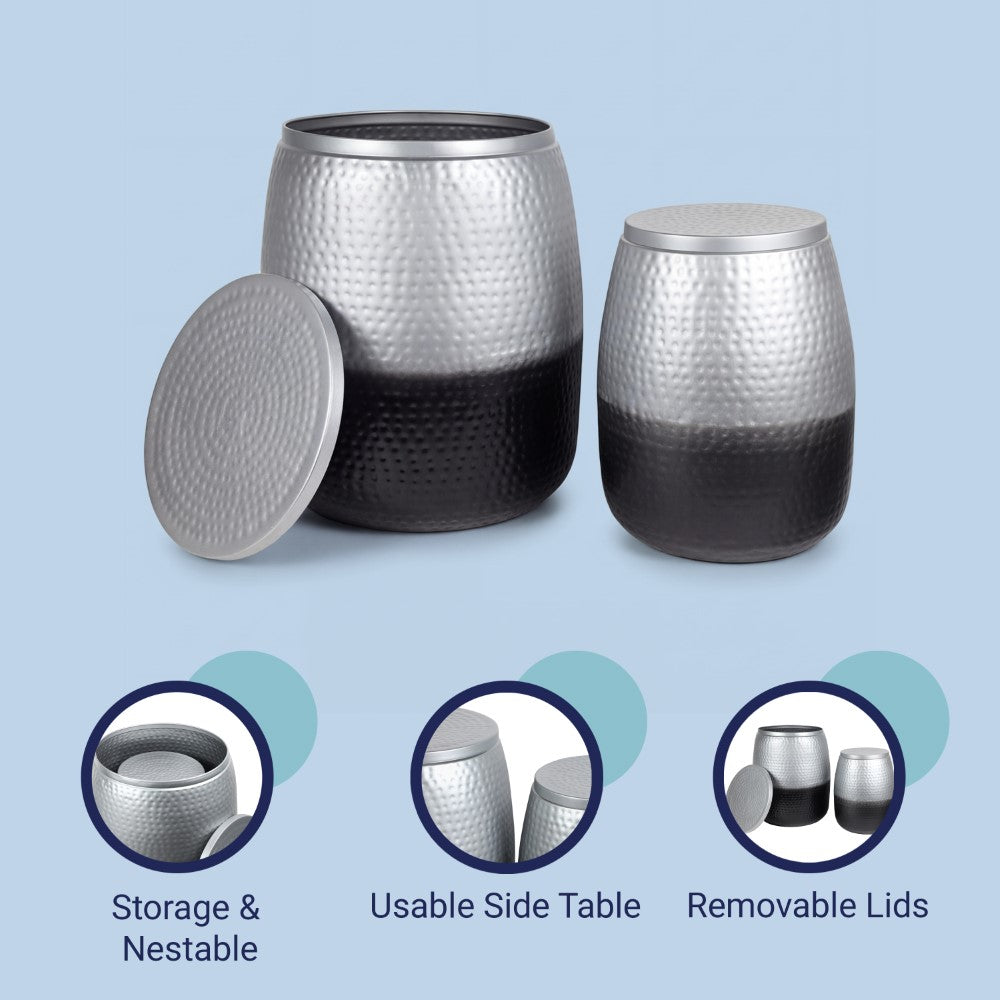 Merida Modern Rustic 2-Piece Hammered Metal Drum Storage Side Tables with Lids