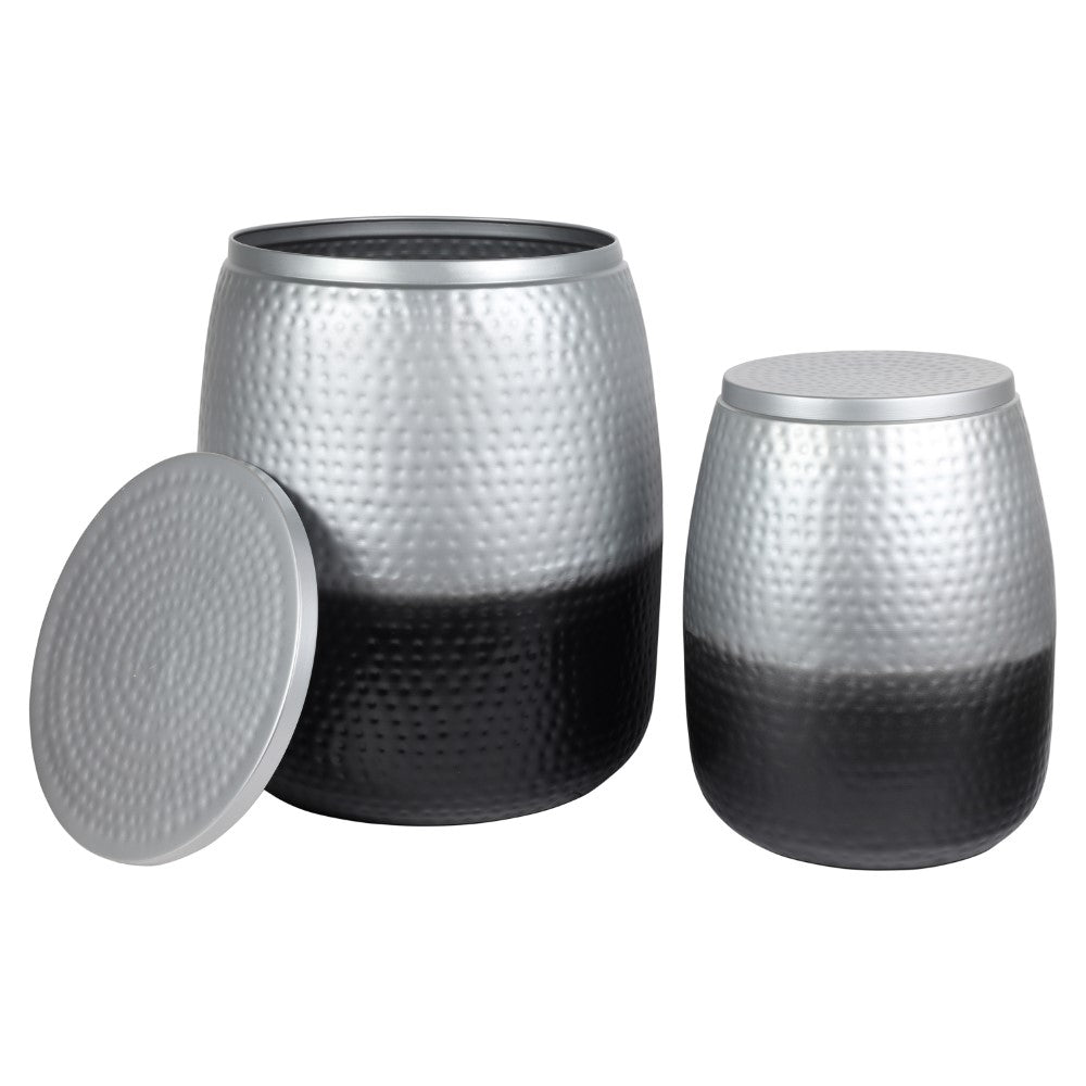 Merida Modern Rustic 2-Piece Hammered Metal Drum Storage Side Tables with Lids