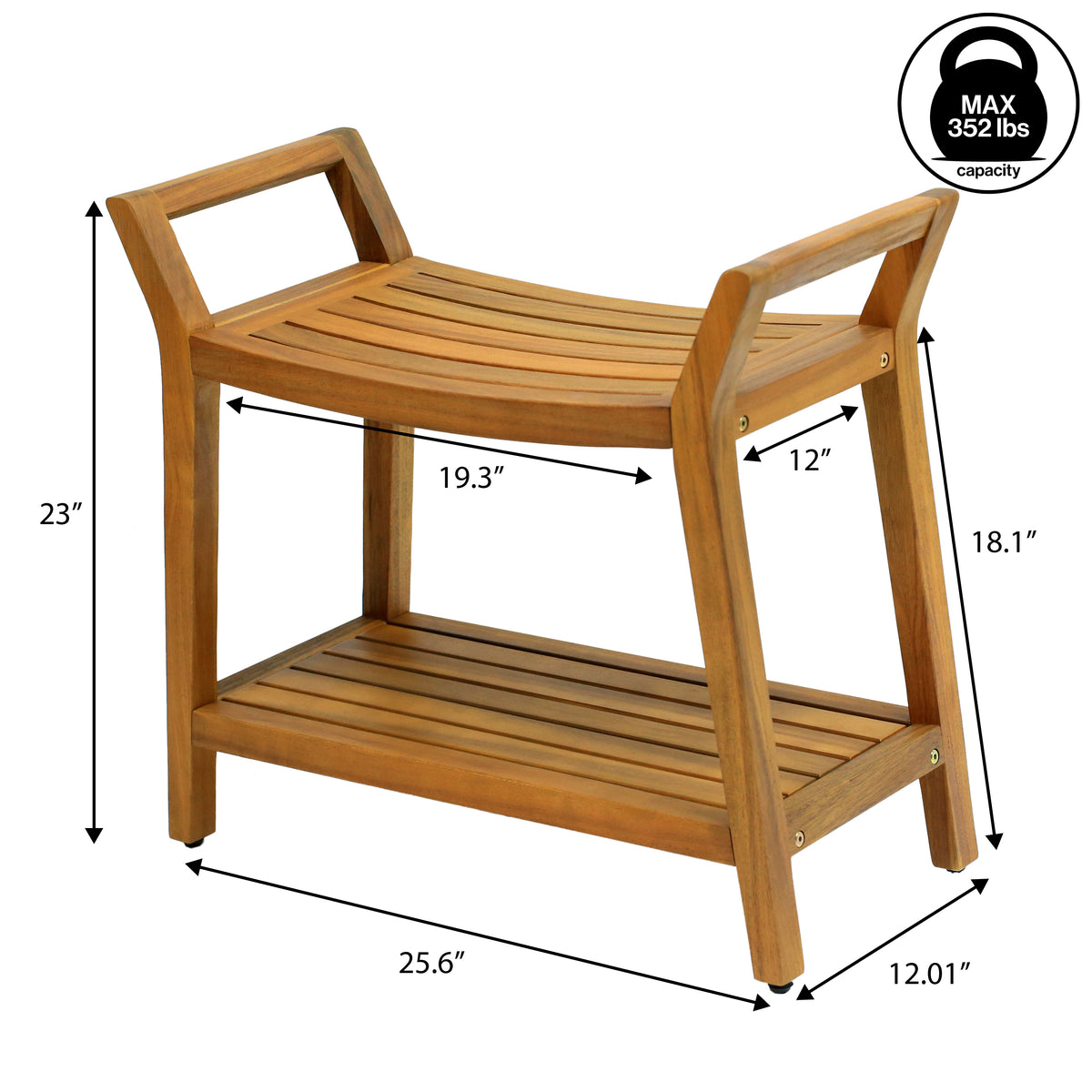 Veyra 25.6" Modern Classic Slatted Solid Acacia Wood Indoor/Outdoor Shower Bench with Shelf and Handle