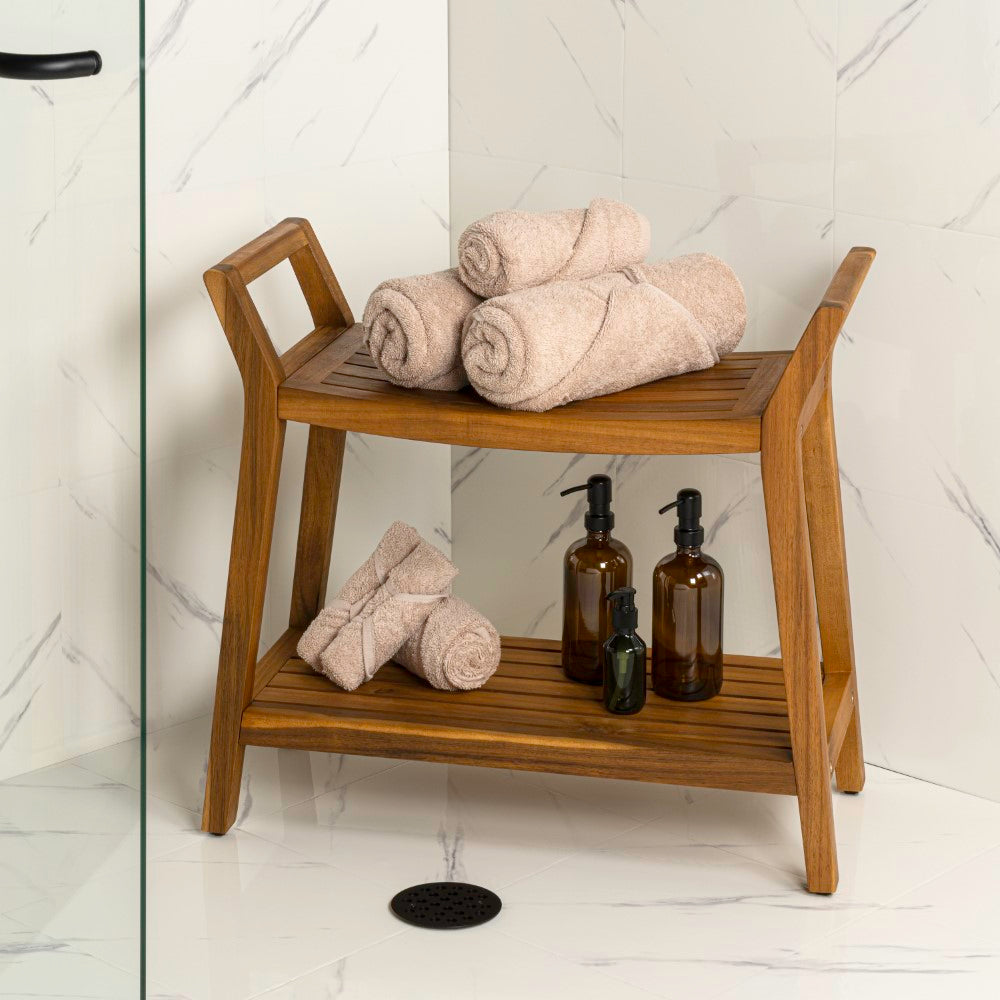 Veyra 25.6" Modern Classic Slatted Solid Acacia Wood Indoor/Outdoor Shower Bench with Shelf and Handle