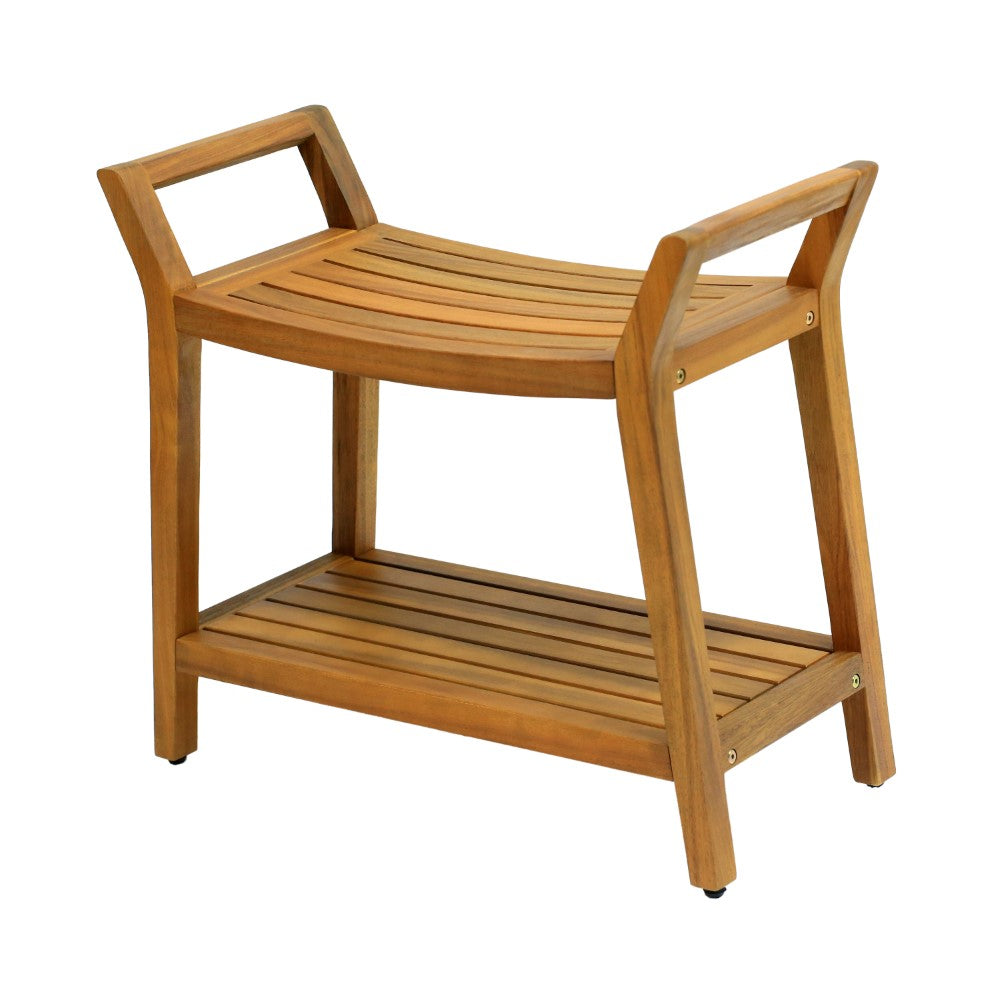 Veyra 25.6" Modern Classic Slatted Solid Acacia Wood Indoor/Outdoor Shower Bench with Shelf and Handle