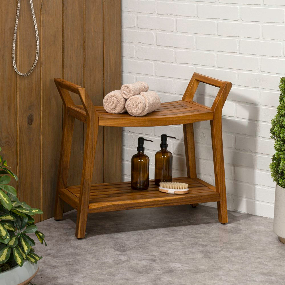 Veyra 25.6" Modern Classic Slatted Solid Acacia Wood Indoor/Outdoor Shower Bench with Shelf and Handle