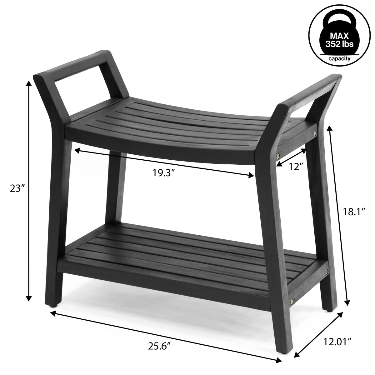 Veyra 25.6" Modern Classic Slatted Solid Acacia Wood Indoor/Outdoor Shower Bench with Shelf and Handle