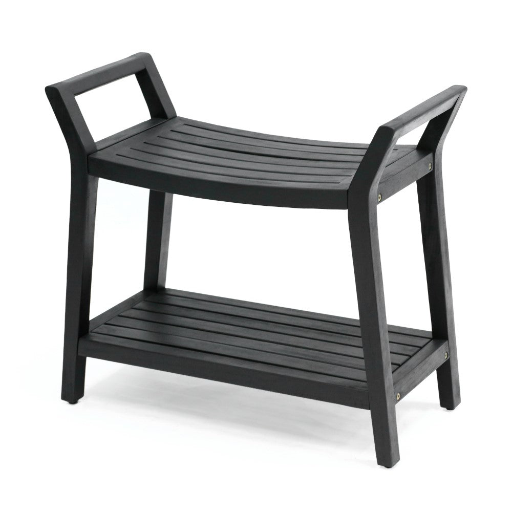 Veyra 25.6" Modern Classic Slatted Solid Acacia Wood Indoor/Outdoor Shower Bench with Shelf and Handle