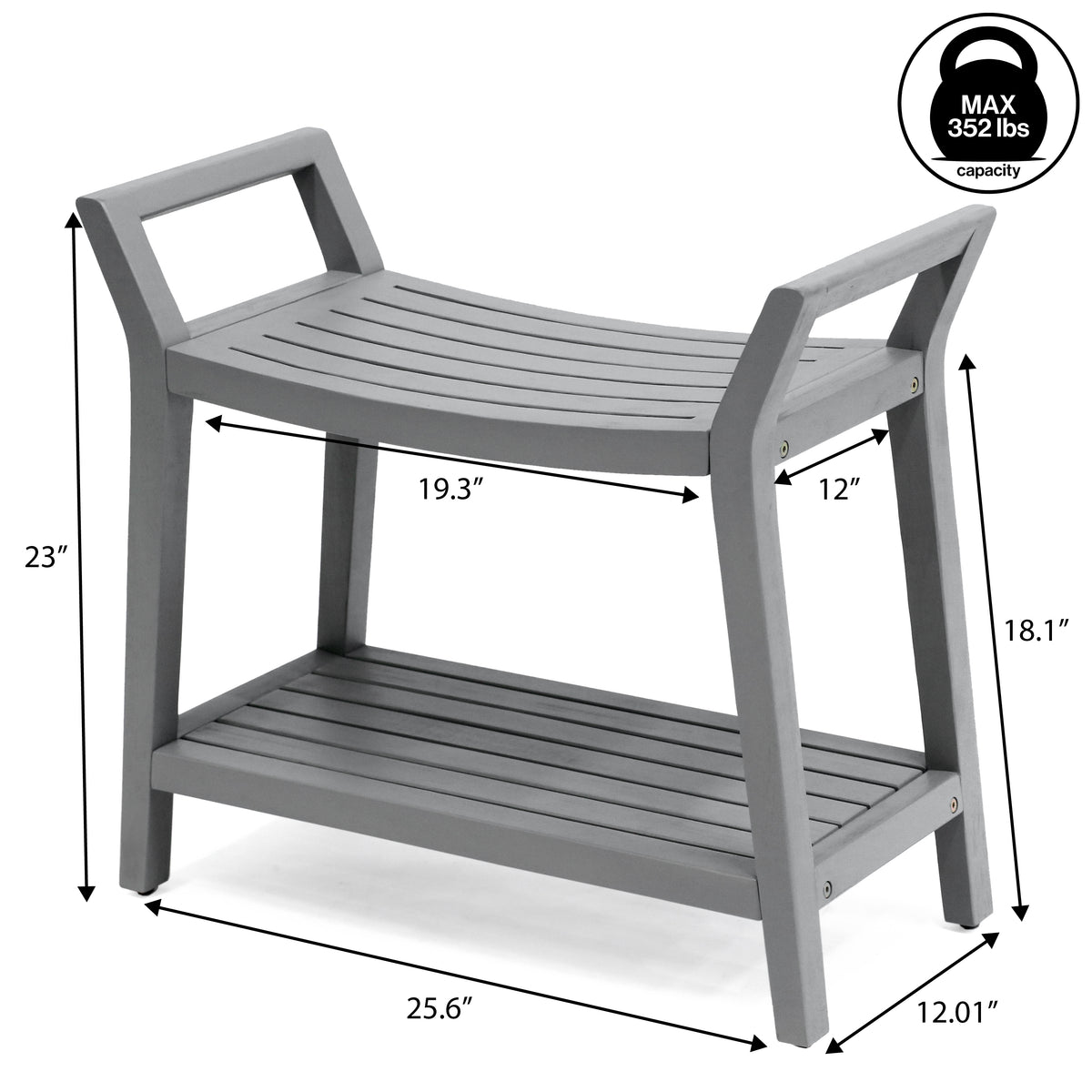 Veyra 25.6" Modern Classic Slatted Solid Acacia Wood Indoor/Outdoor Shower Bench with Shelf and Handle