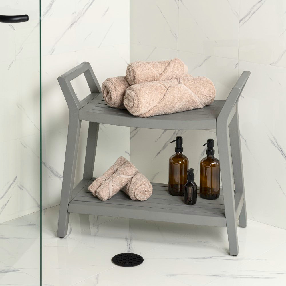 Veyra 25.6" Modern Classic Slatted Solid Acacia Wood Indoor/Outdoor Shower Bench with Shelf and Handle