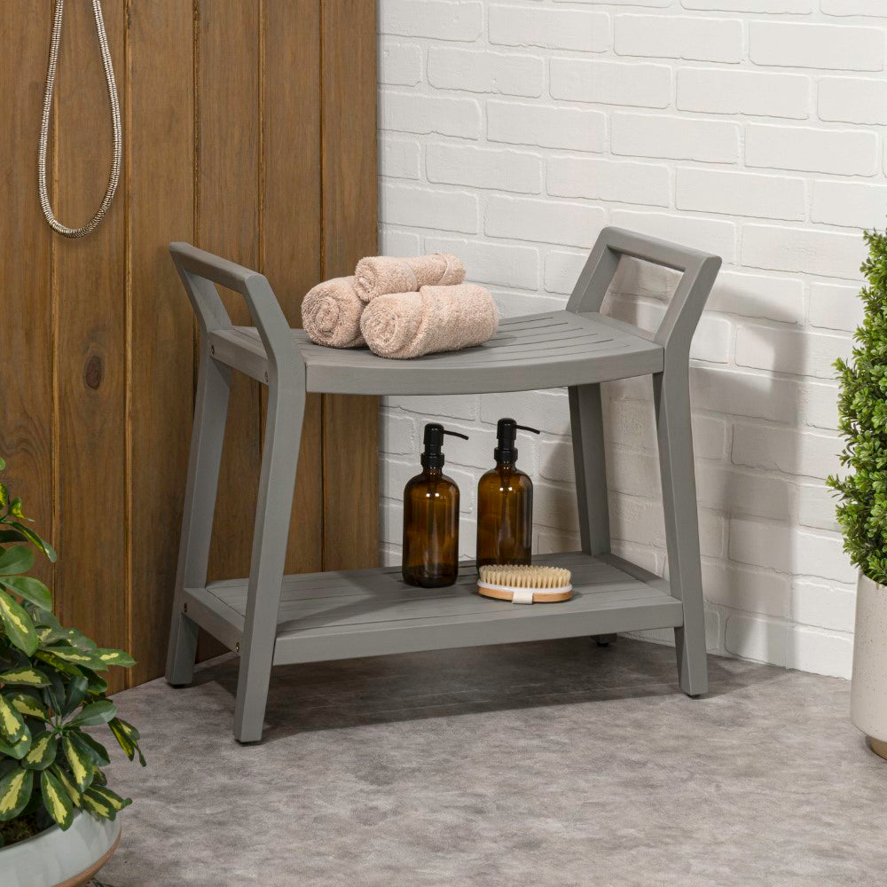 Veyra 25.6" Modern Classic Slatted Solid Acacia Wood Indoor/Outdoor Shower Bench with Shelf and Handle