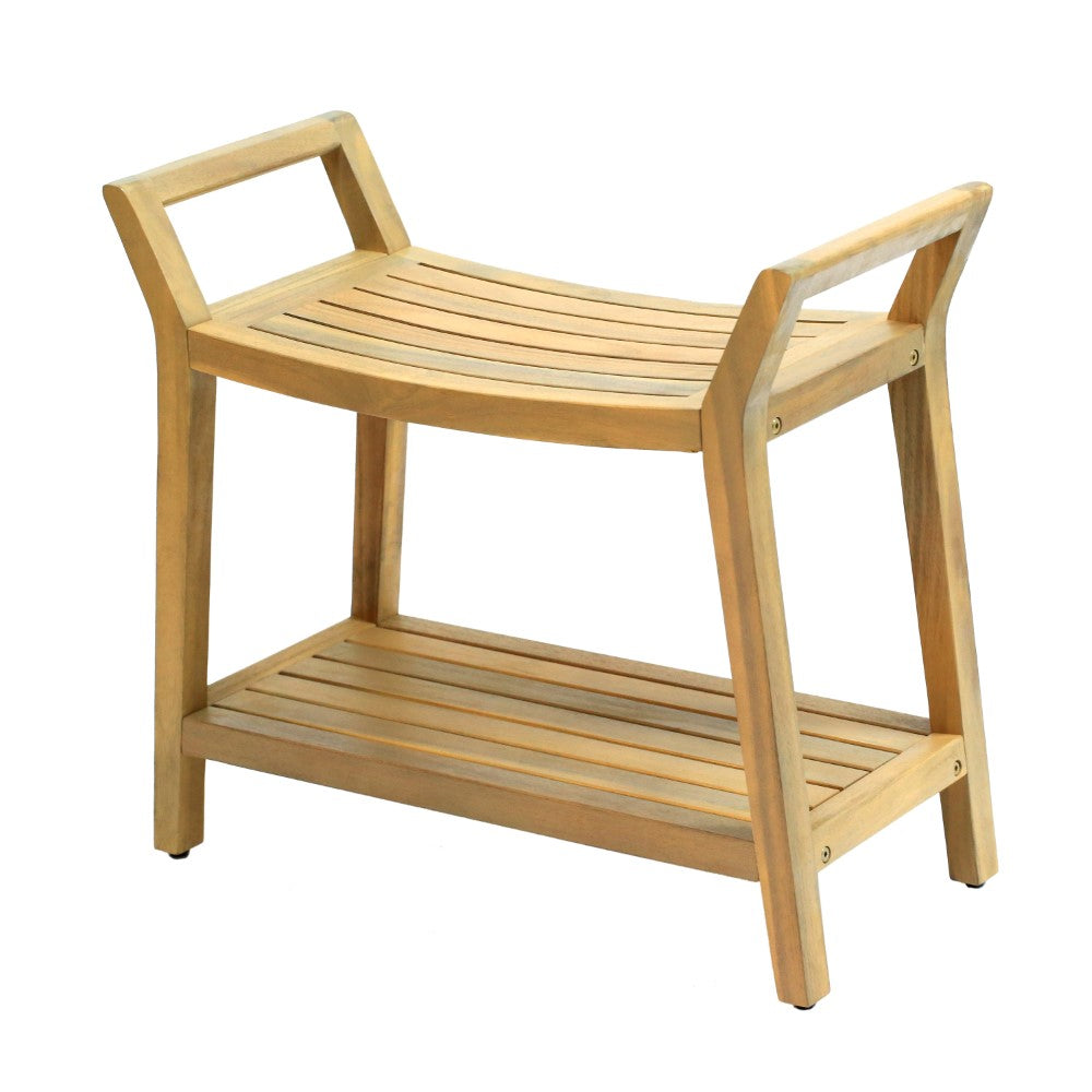 Veyra 25.6" Modern Classic Slatted Solid Acacia Wood Indoor/Outdoor Shower Bench with Shelf and Handle