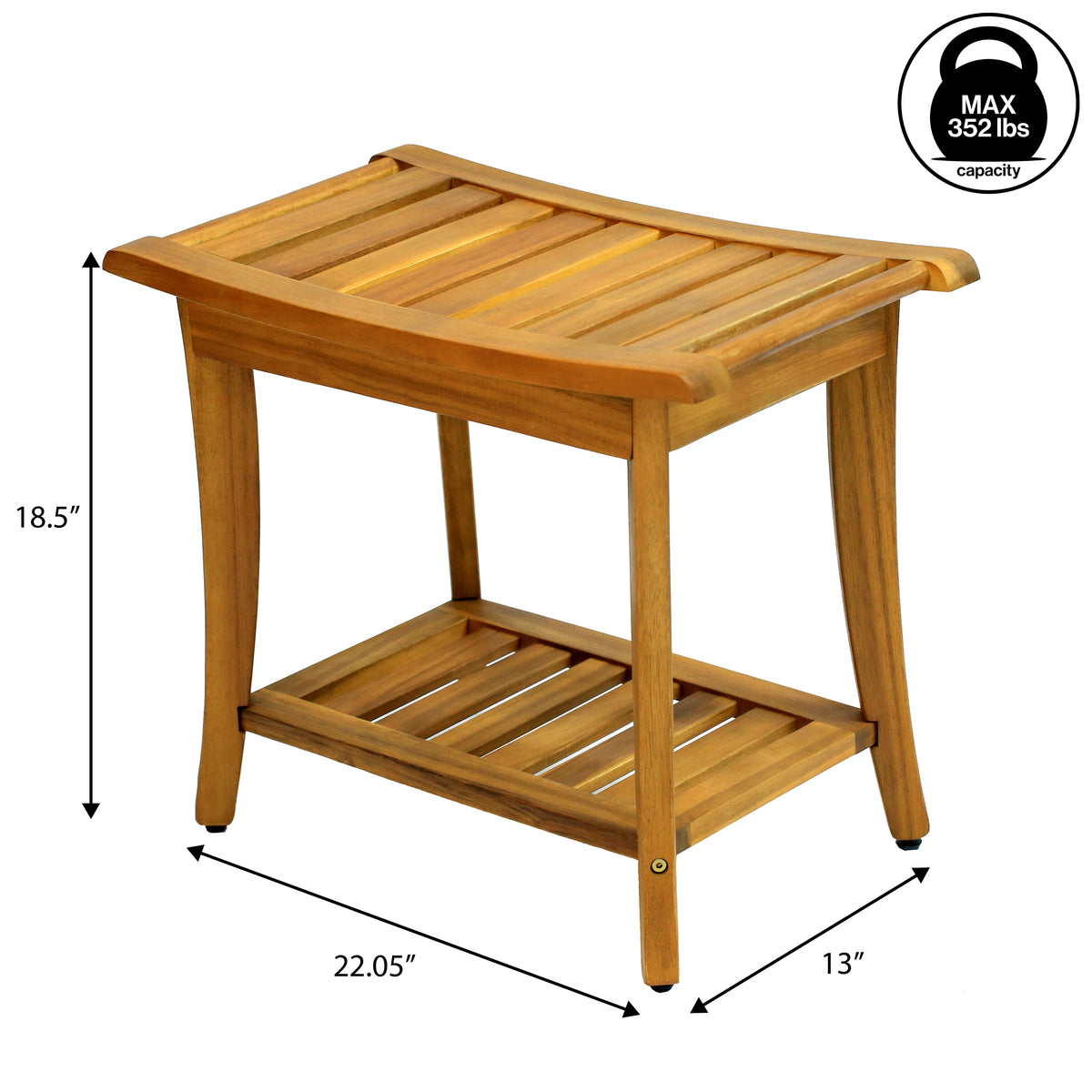 Ferra 22.1" Traditional Classic Slatted Solid Acacia Wood Indoor/Outdoor Shower Bench with Shelf and Handle