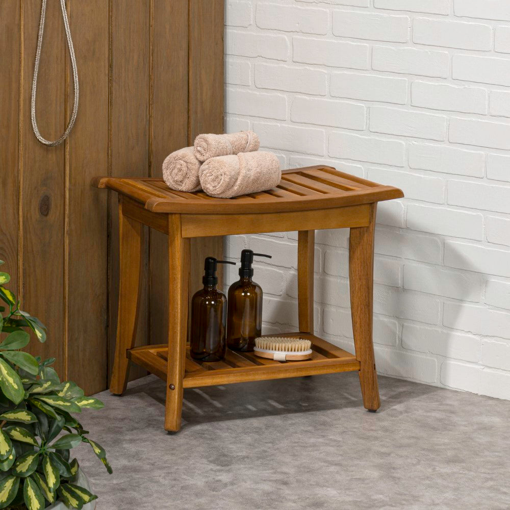 Ferra 22.1" Traditional Classic Slatted Solid Acacia Wood Indoor/Outdoor Shower Bench with Shelf and Handle