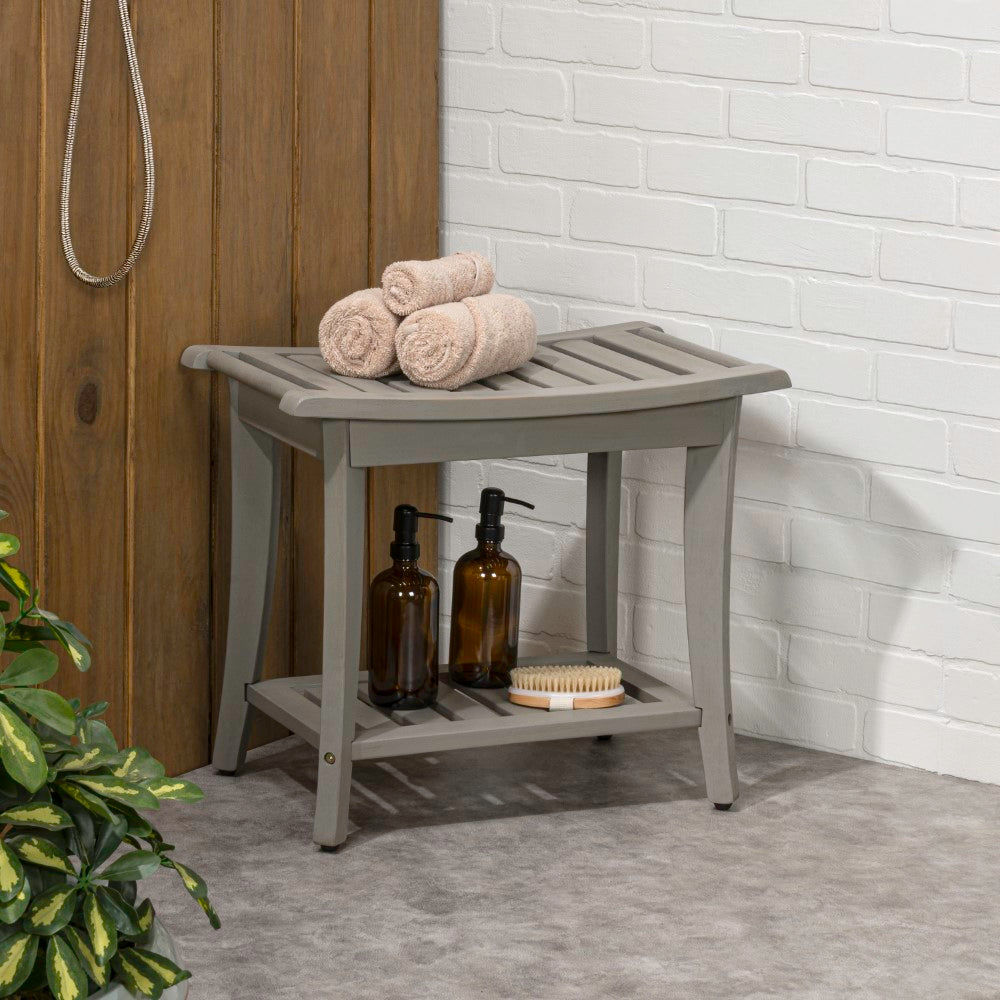 Ferra 22.1" Traditional Classic Slatted Solid Acacia Wood Indoor/Outdoor Shower Bench with Shelf and Handle
