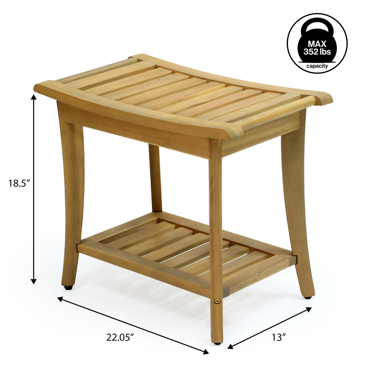 Ferra 22.1" Traditional Classic Slatted Solid Acacia Wood Indoor/Outdoor Shower Bench with Shelf and Handle