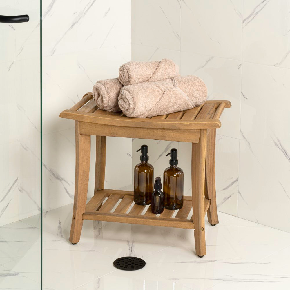 Ferra 22.1" Traditional Classic Slatted Solid Acacia Wood Indoor/Outdoor Shower Bench with Shelf and Handle
