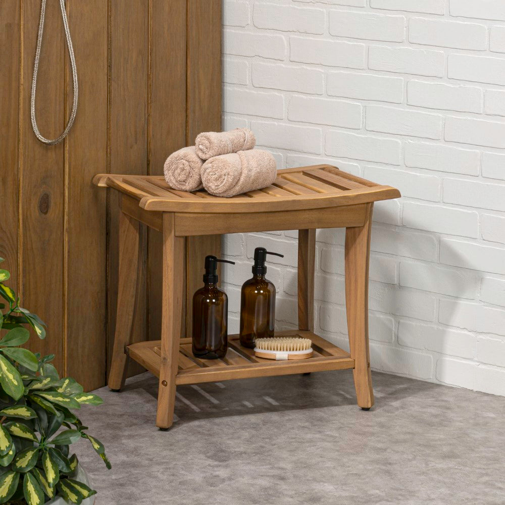 Ferra 22.1" Traditional Classic Slatted Solid Acacia Wood Indoor/Outdoor Shower Bench with Shelf and Handle