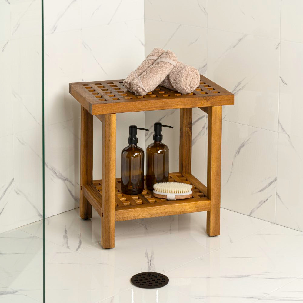 Liora 18.1" Modern Classic Grid Slat Solid Acacia Wood Indoor/Outdoor Shower Stool