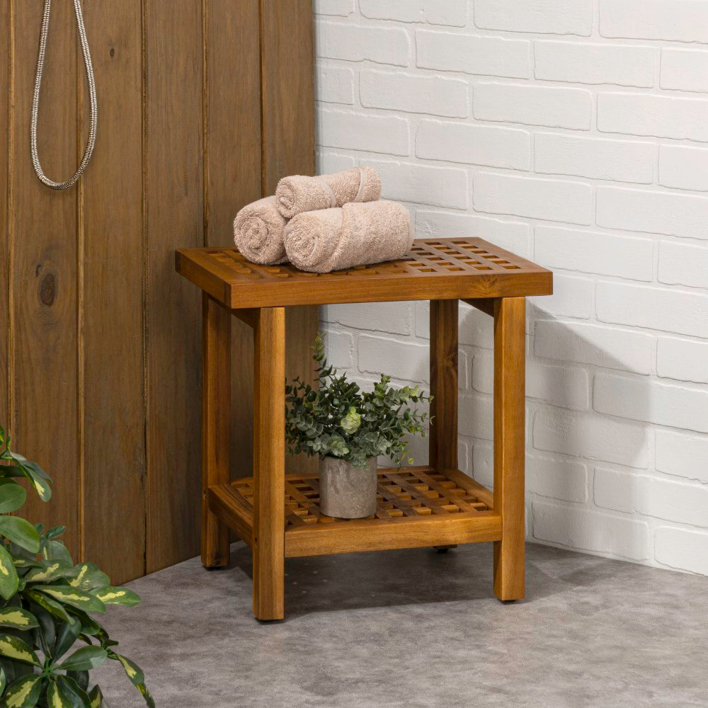 Liora 18.1" Modern Classic Grid Slat Solid Acacia Wood Indoor/Outdoor Shower Stool