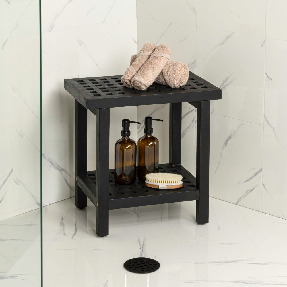 Liora 18.1" Modern Classic Grid Slat Solid Acacia Wood Indoor/Outdoor Shower Stool