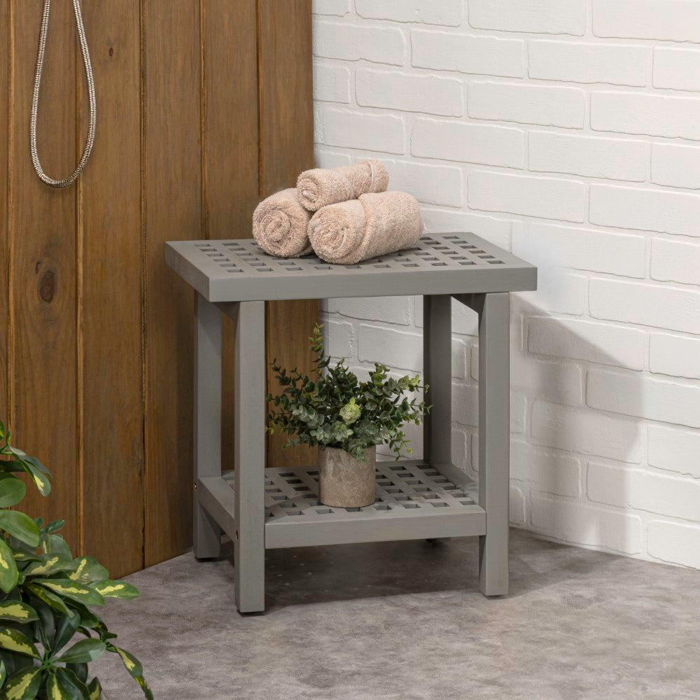 Liora 18.1" Modern Classic Grid Slat Solid Acacia Wood Indoor/Outdoor Shower Stool