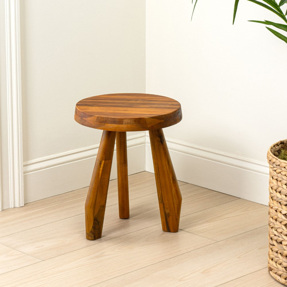 Vortexa 15" Rustic Coastal Acacia Wood Tripod Round Indoor/Outdoor Accent Stool