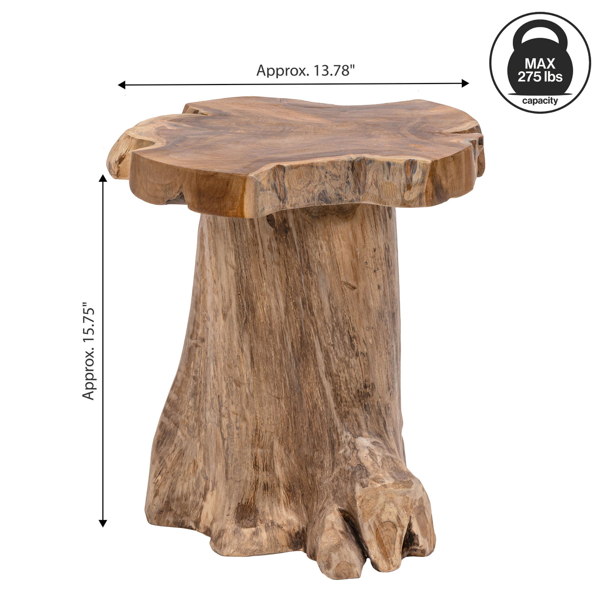 Velric 15.75" Rustic Modern Handcrafted Live Edge Solid Teak Wood Stump Stool