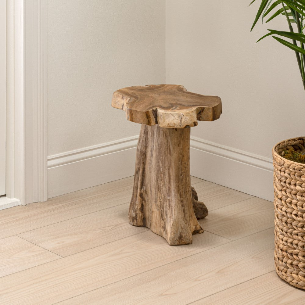 Velric 15.75" Rustic Modern Handcrafted Live Edge Solid Teak Wood Stump Stool