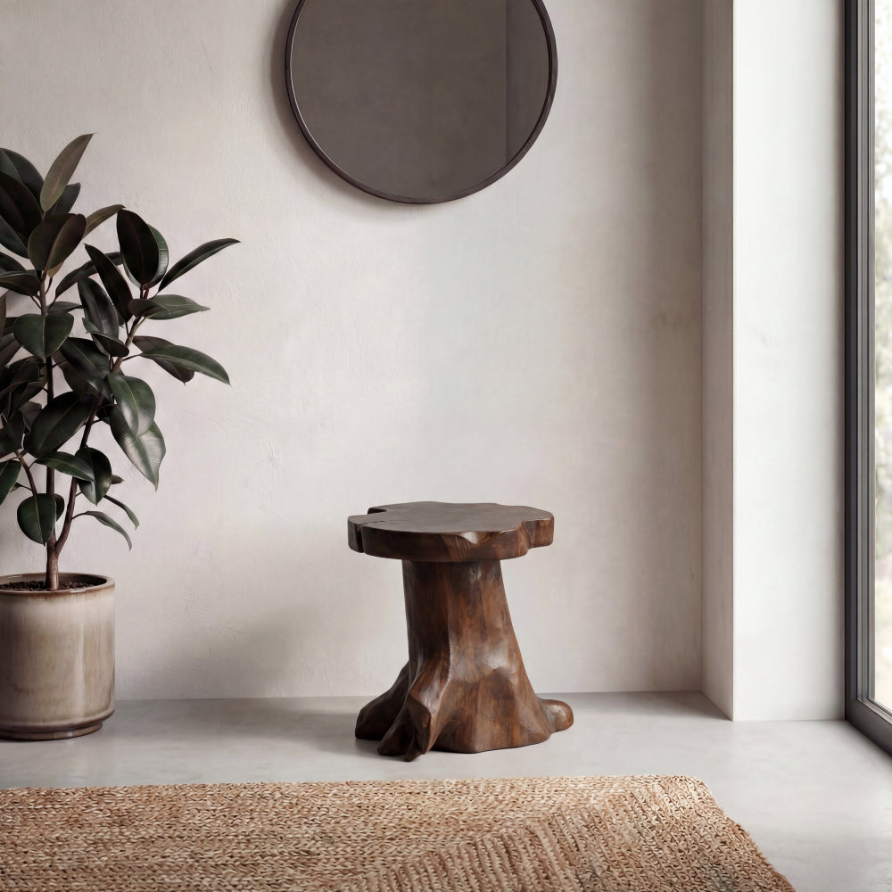 Velric 15.75" Rustic Modern Handcrafted Live Edge Solid Teak Wood Stump Stool