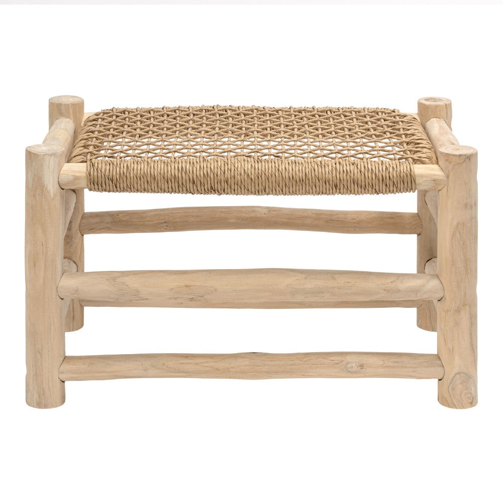 Armino 27.5" Coastal Bohemian Handcrafted Indoor/Outdoor Teak Wood Accent Stool with Woven Seat