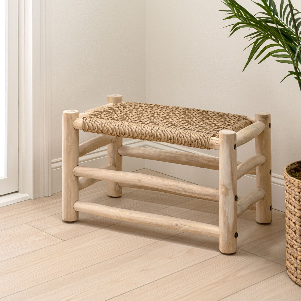 Armino 27.5" Coastal Bohemian Handcrafted Indoor/Outdoor Teak Wood Accent Stool with Woven Seat