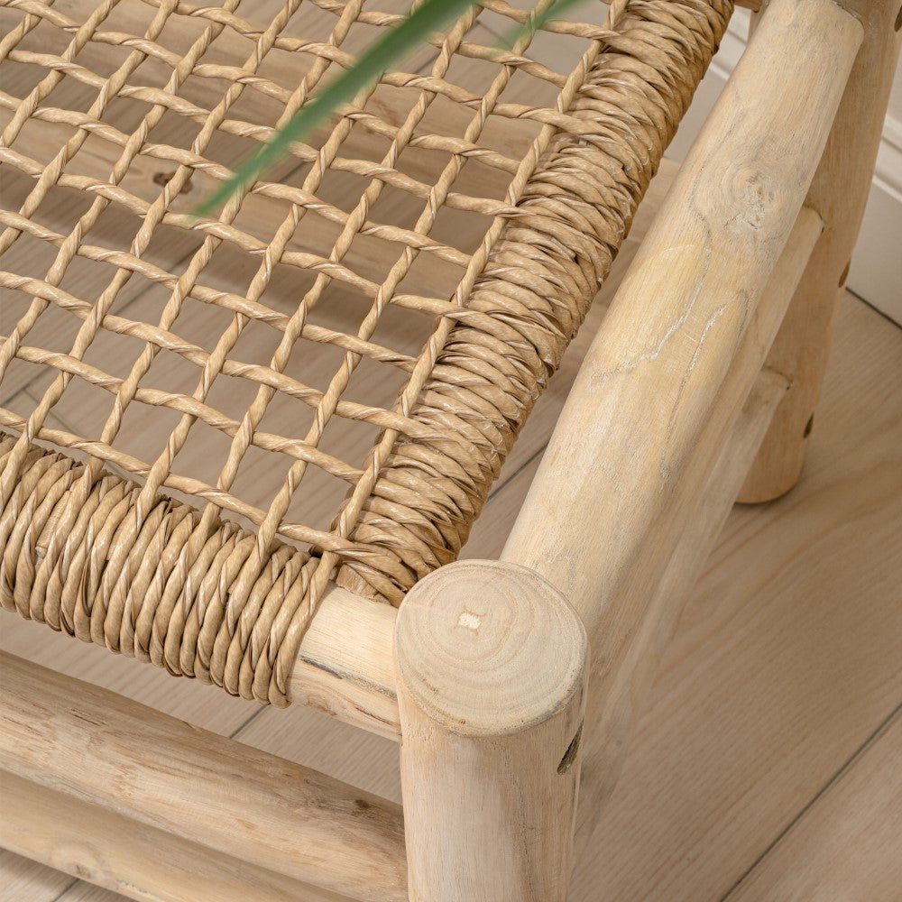 Armino 27.5" Coastal Bohemian Handcrafted Indoor/Outdoor Teak Wood Accent Stool with Woven Seat