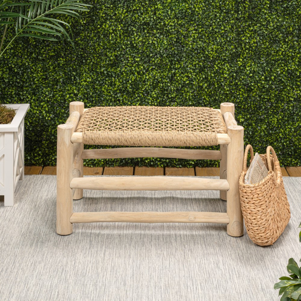 Armino 27.5" Coastal Bohemian Handcrafted Indoor/Outdoor Teak Wood Accent Stool with Woven Seat