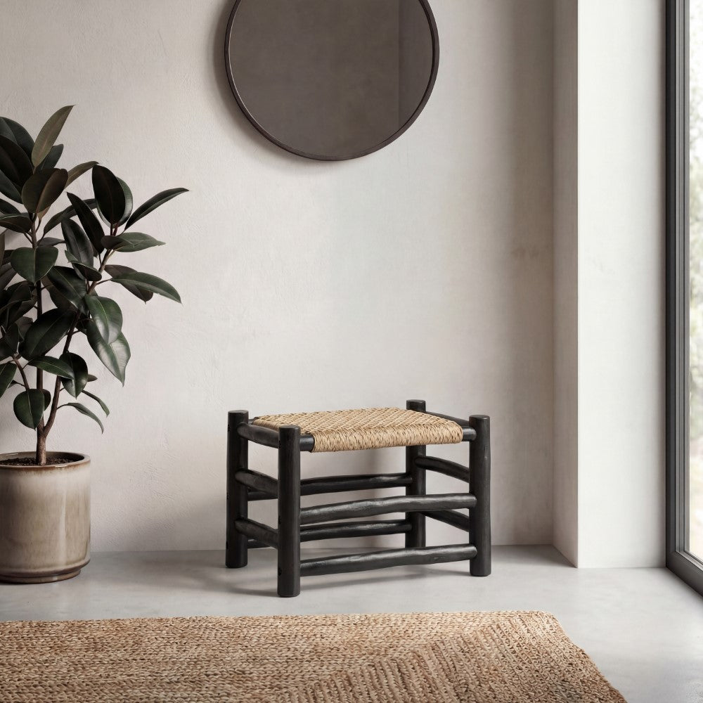 Armino 27.5" Coastal Bohemian Handcrafted Indoor/Outdoor Teak Wood Accent Stool with Woven Seat