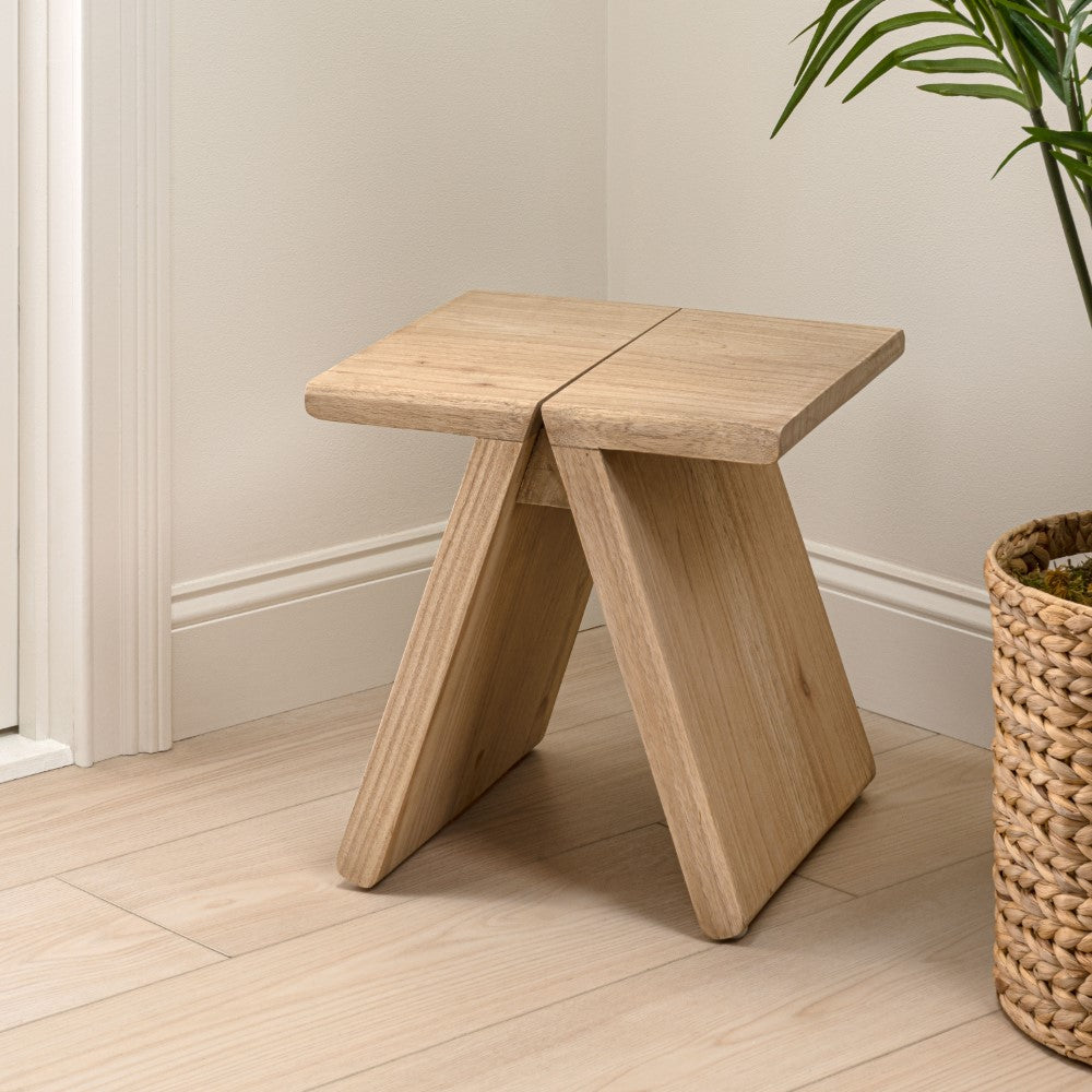 Zentro 15.75" Rustic Scandinavian Handcrafted Solid Mindi Wood Sculptural Base Accent Stool