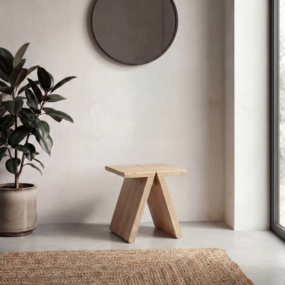 Zentro 15.75" Rustic Scandinavian Handcrafted Solid Mindi Wood Sculptural Base Accent Stool