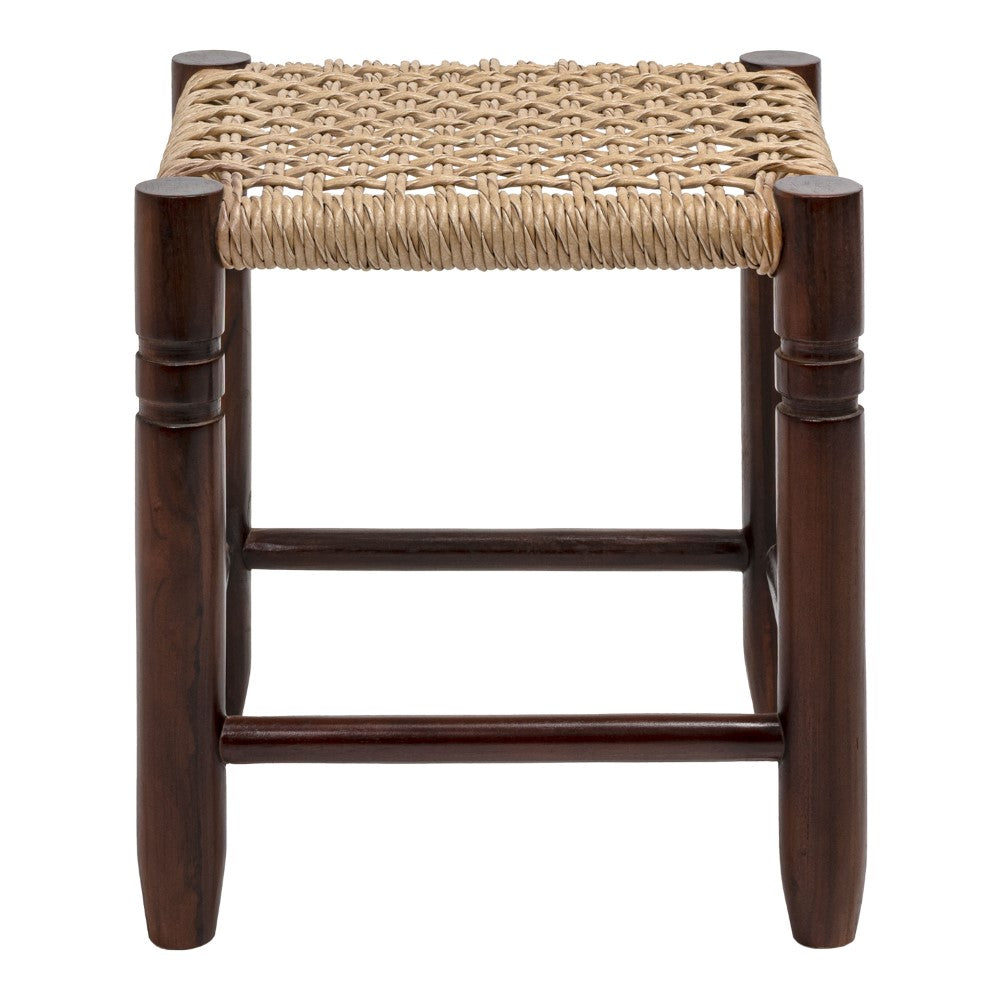 Morvyn 15.75" Casual Bohemian Handcrafted Teak Wood Backless Indoor/Outdoor Teak Wood Accent Stool with Synthetic Woven Rattan Seat