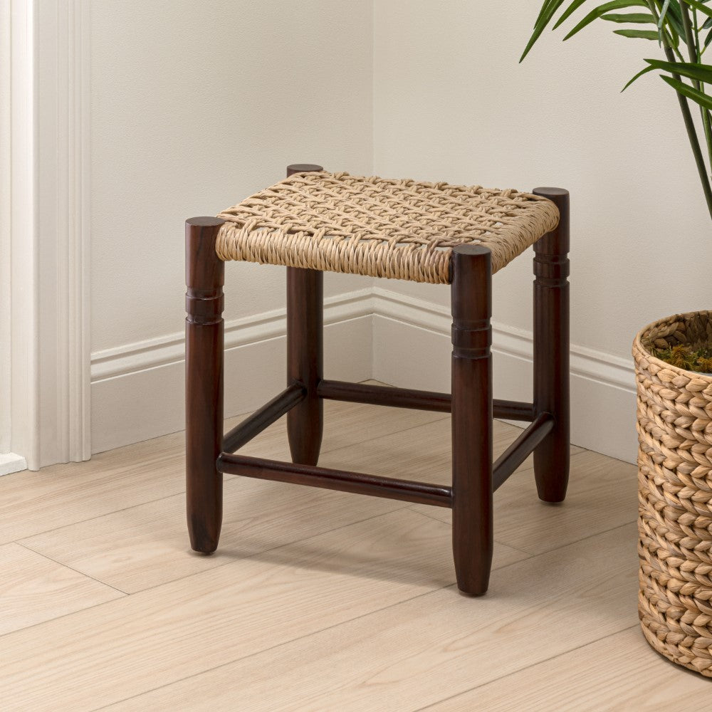 Morvyn 15.75" Casual Bohemian Handcrafted Teak Wood Backless Indoor/Outdoor Teak Wood Accent Stool with Synthetic Woven Rattan Seat