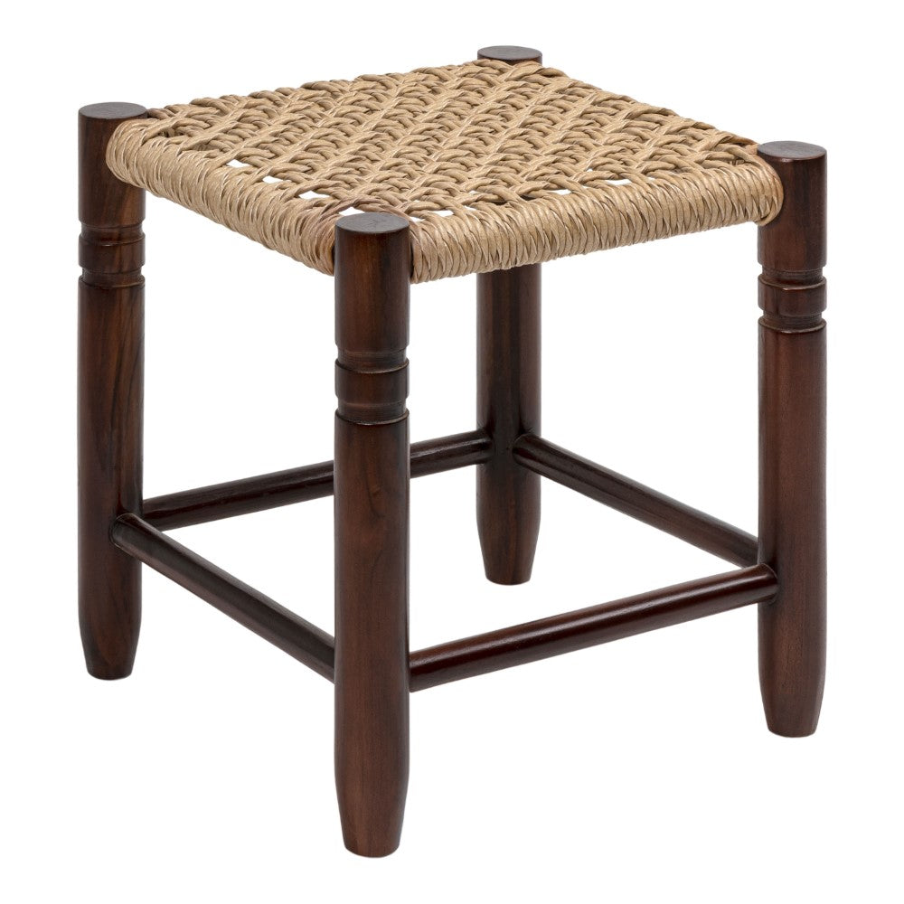 Morvyn 15.75" Casual Bohemian Handcrafted Teak Wood Backless Indoor/Outdoor Teak Wood Accent Stool with Synthetic Woven Rattan Seat