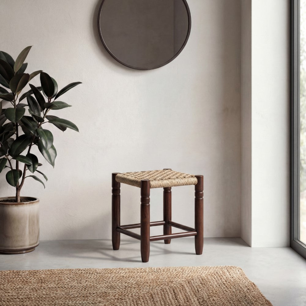 Morvyn 15.75" Casual Bohemian Handcrafted Teak Wood Backless Indoor/Outdoor Teak Wood Accent Stool with Synthetic Woven Rattan Seat