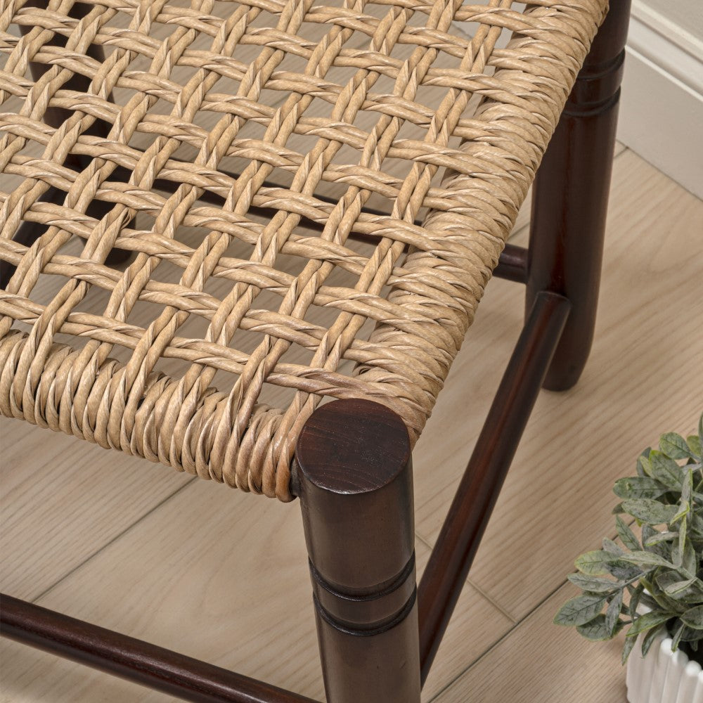 Morvyn 15.75" Casual Bohemian Handcrafted Teak Wood Backless Indoor/Outdoor Teak Wood Accent Stool with Synthetic Woven Rattan Seat