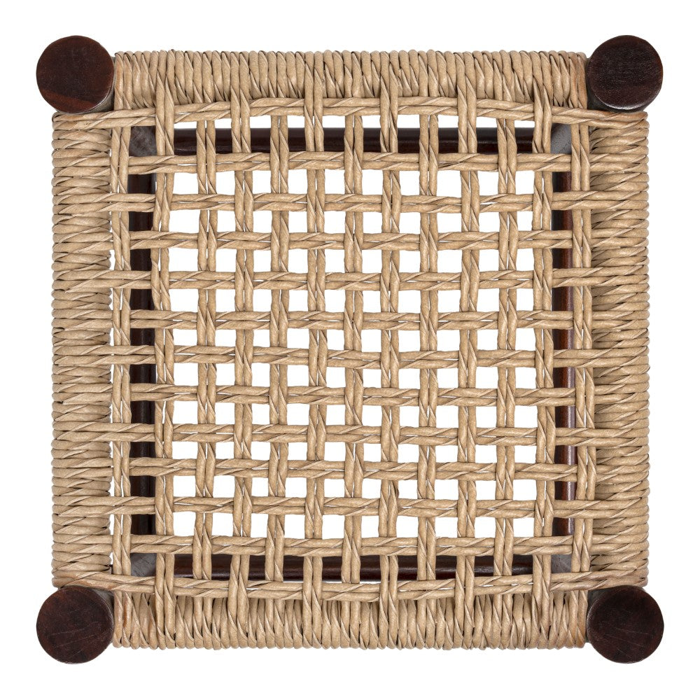 Morvyn 15.75" Casual Bohemian Handcrafted Teak Wood Backless Indoor/Outdoor Teak Wood Accent Stool with Synthetic Woven Rattan Seat