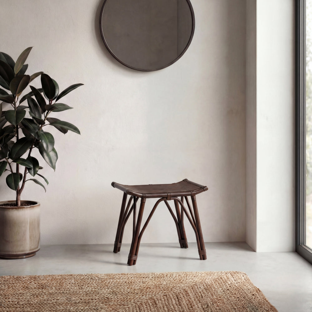 Talvero 17.7" Modern Bohemian Handcrafted Rattan/Teak Wood Curved Seat Accent Stool