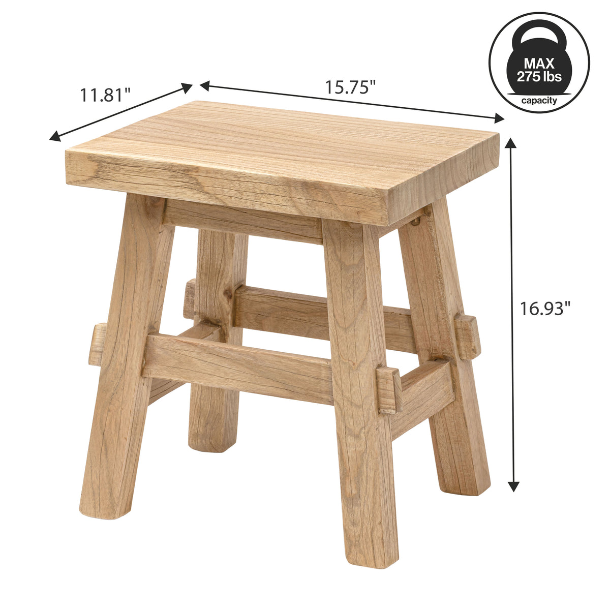 Evion 16.9" Rustic Farmhouse Solid Mindi Wood Handcrafted Accent Stool