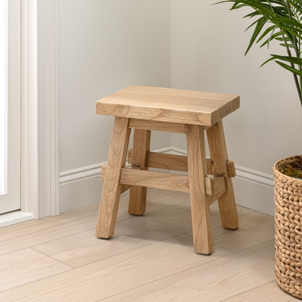 Evion 16.9" Rustic Farmhouse Solid Mindi Wood Handcrafted Accent Stool