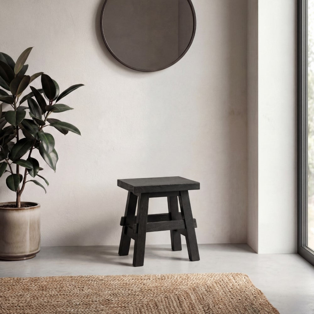 Evion 16.9" Rustic Farmhouse Solid Mindi Wood Handcrafted Accent Stool
