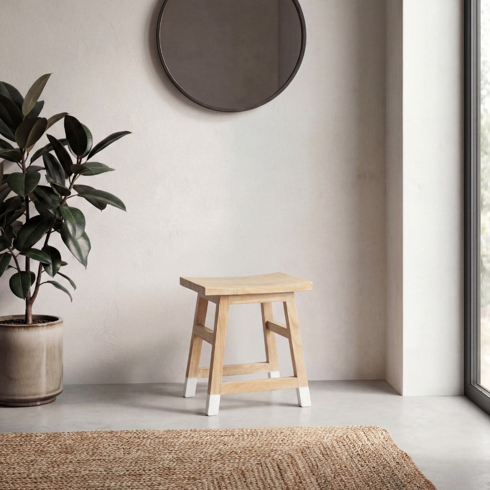 Corvex 18.3" Classic Casual Handcrafted Solid Mindi Wood Accent Stool with Tipped Legs