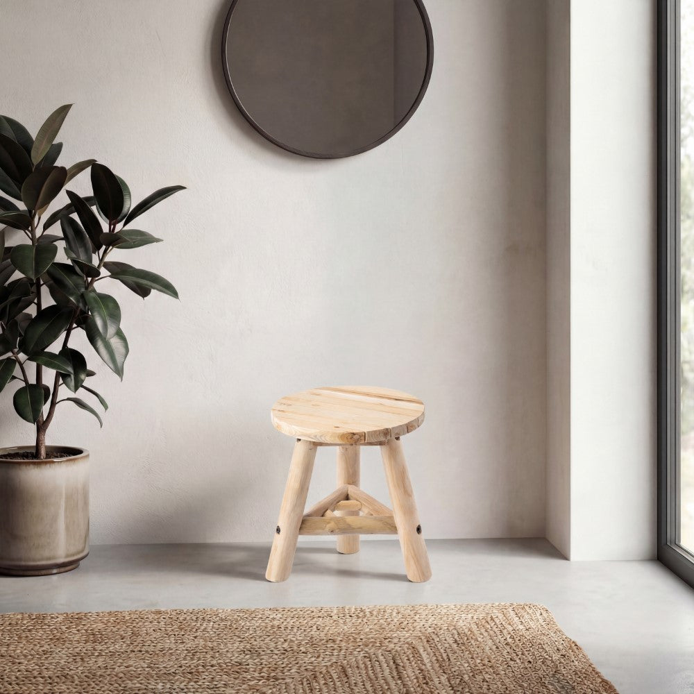 Alvero 13.8" Modern Minimalist Handcrafted Solid Teak Wood Accent Stool with Tri-Leg Base