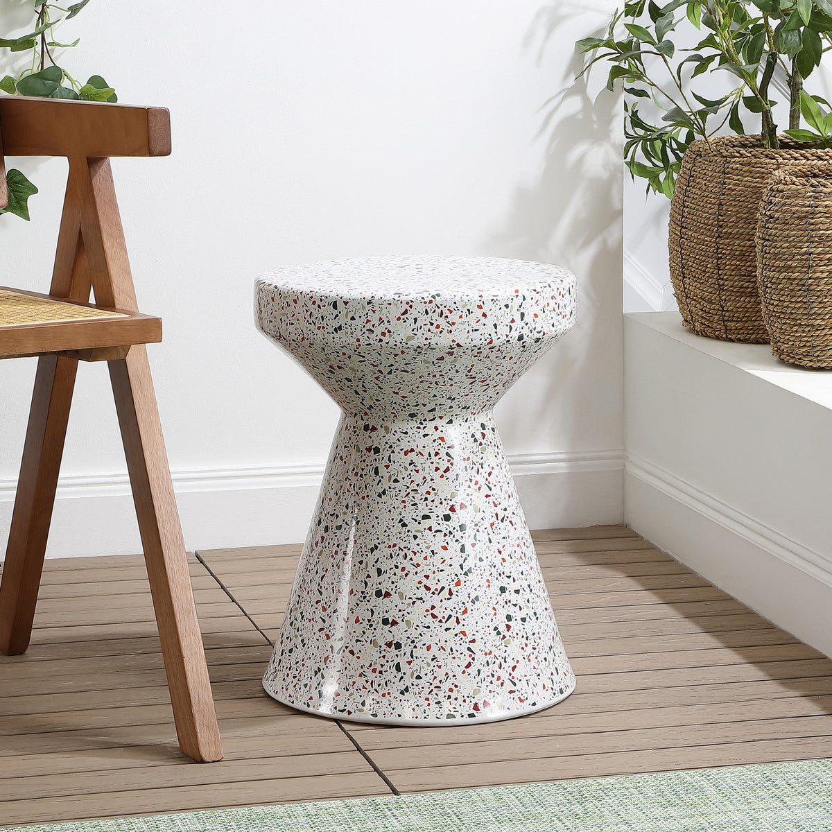 Leaf 17.75" Modern Bohemian Terrazzo Indoor/Outdoor Drum Accent Table
