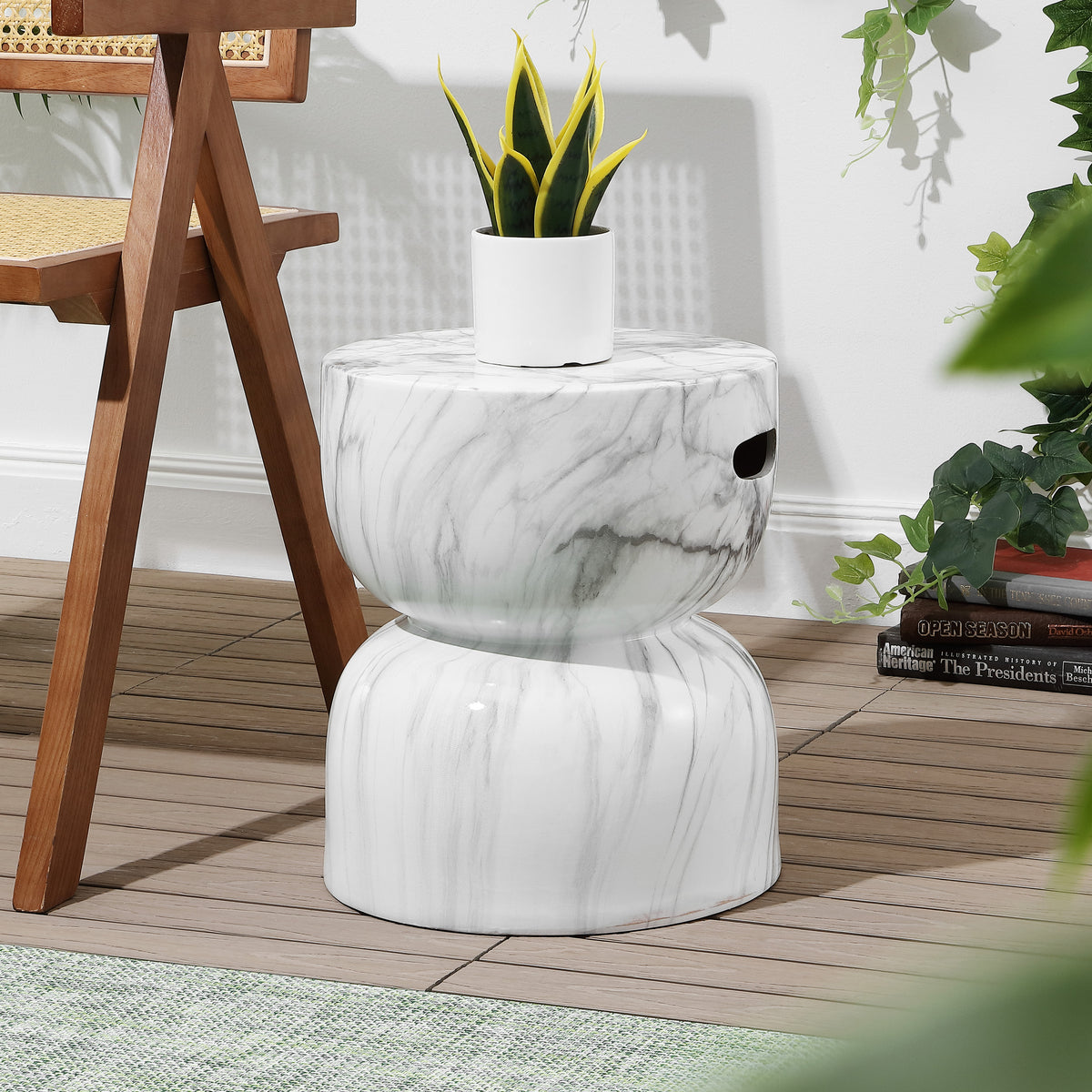 Varavara 14.75" Contemporary Modern Marble Glaze Drum Indoor/Outdoor Garden Stool