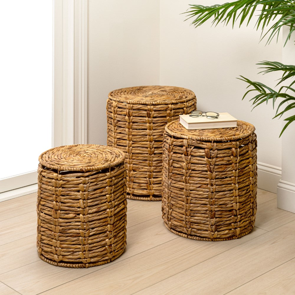 Calvero 18" Coastal Bohemian Handwoven Water Hyacinth Nesting Round Accent Table