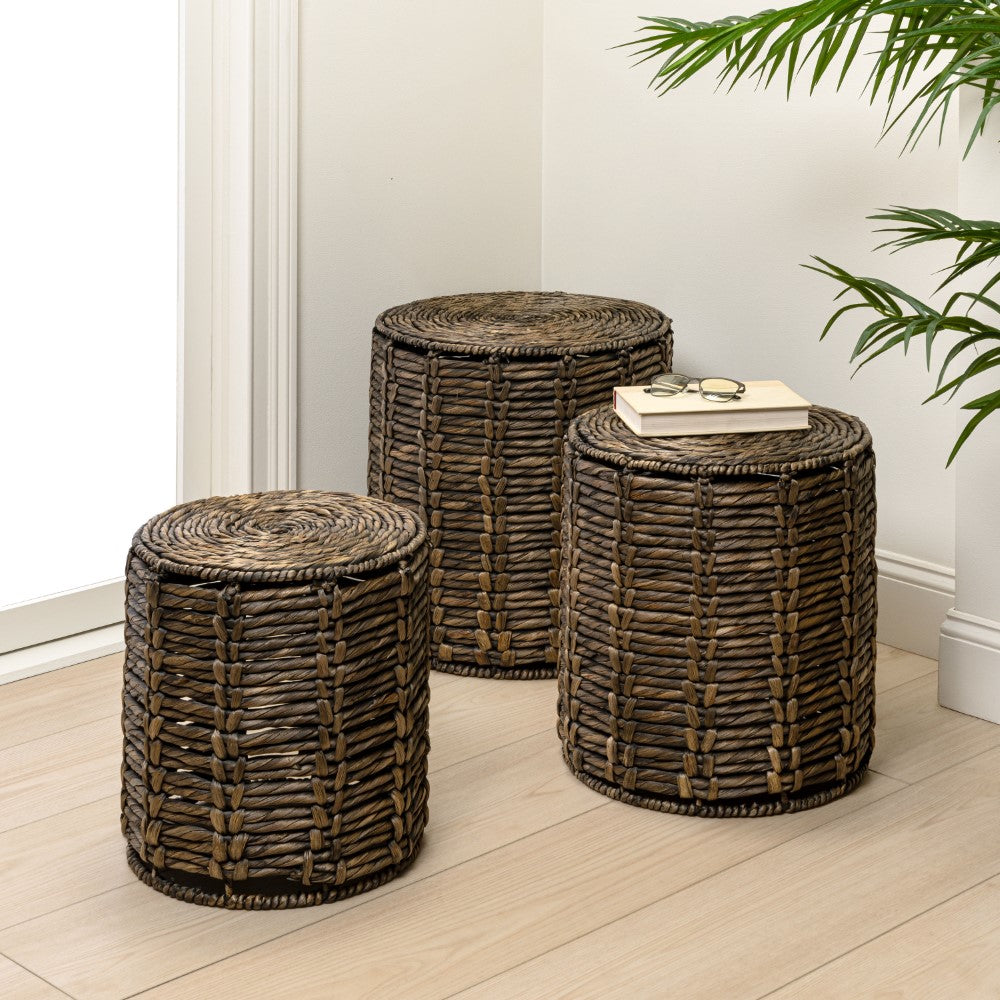 Calvero 18" Coastal Bohemian Handwoven Water Hyacinth Nesting Round Accent Table